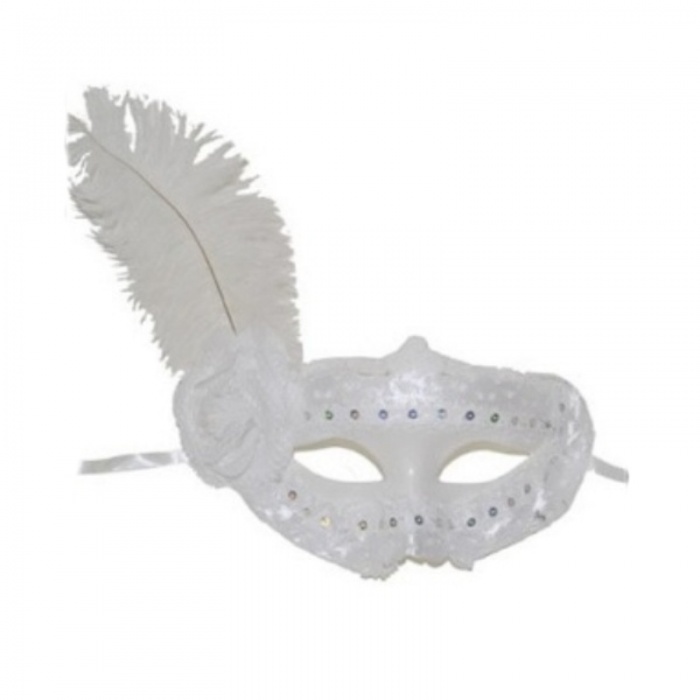 Škraboška maska s krajkou a pérem - bílá