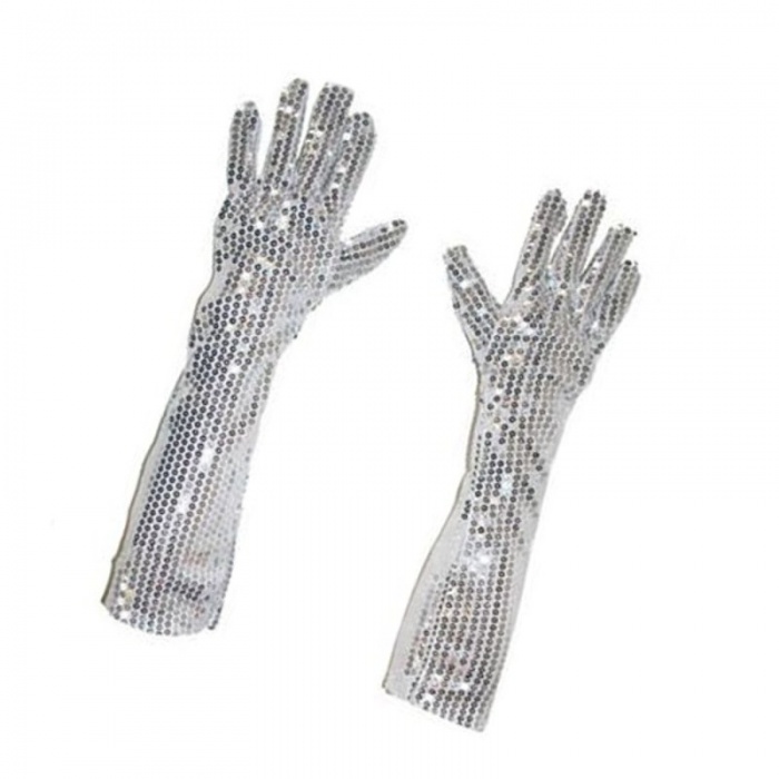 Dlouhé šedé rukavice se stříbrnými flitry 45 cm