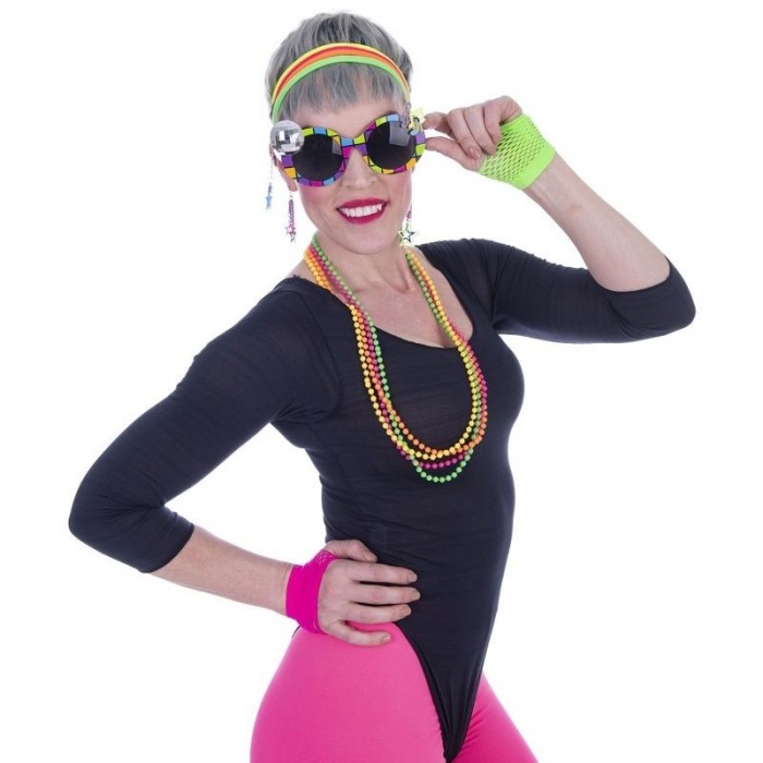 Sada Retro Disco neon brýle, čelenka, rukavice, náušnice a korále