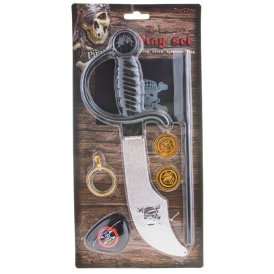 Pirátská sada šavle, vlaječka, klapka, náušnice a zlaťáky