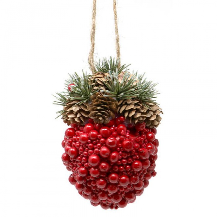 Vánoční dekorace ozdoba z šišek a červených kuliček 14cm
