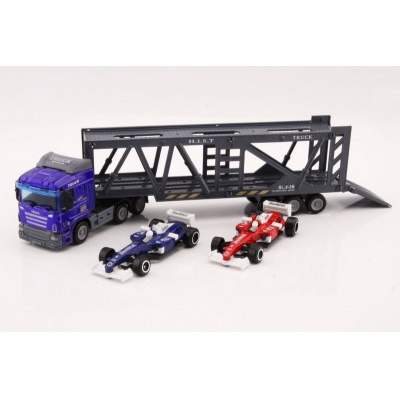 Truck Trailer s návěsem a dvěma závodními formulemi - modrý