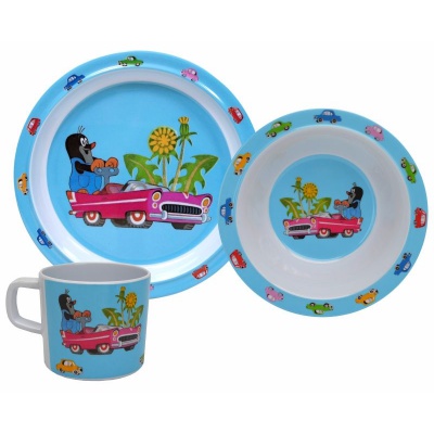 Dětské nádobí Krteček a autíčko - talíř, miska a hrnek