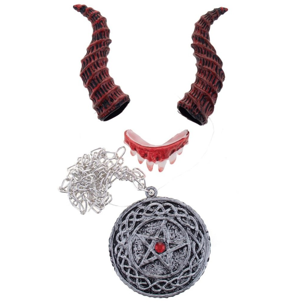 Sada čert démon rohy, zuby a medailon