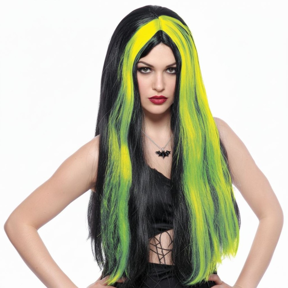 Paruka čarodějnice černá se zelenými pramínky