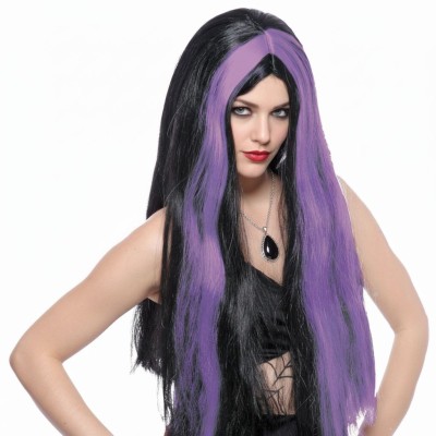 Paruka čarodějnice černá se fialovými pramínky