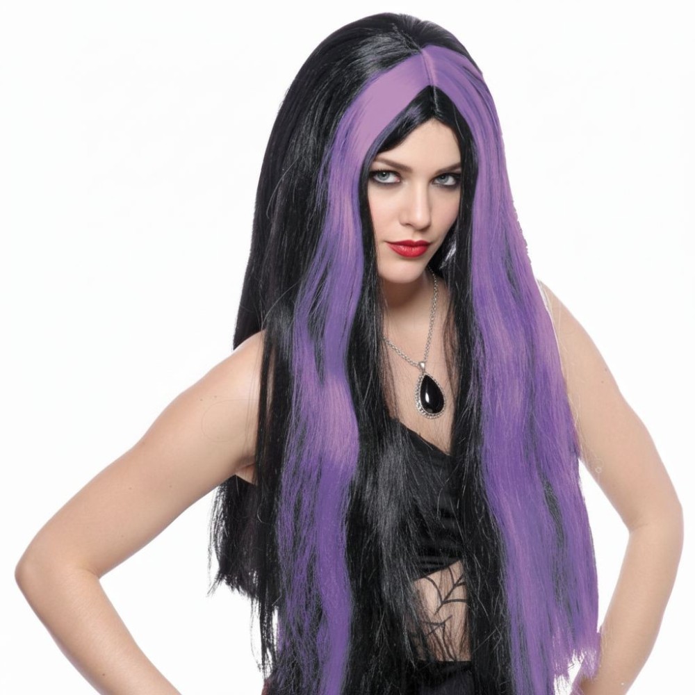 Paruka čarodějnice černá se fialovými pramínky