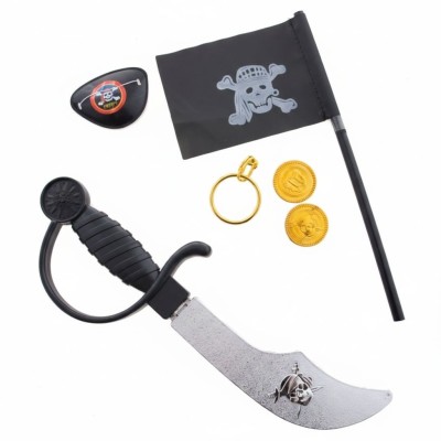 Pirátská sada šavle, vlaječka, klapka, náušnice a zlaťáky