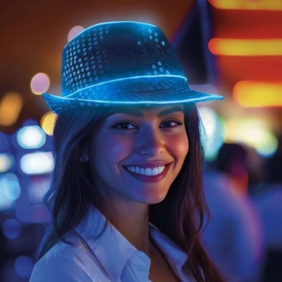 Klobouk s flitry LED svítící modrý