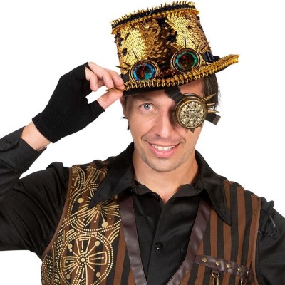 Steampunk klobouk s flitry, ostny a brýlemi