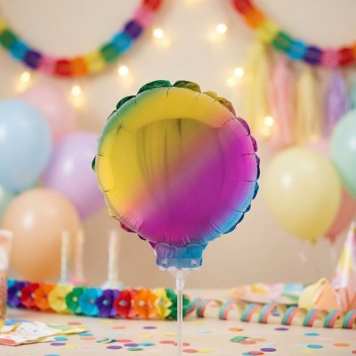 Foliový balónek duhový kulatý 28cm s tyčkou