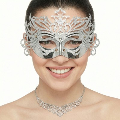 Škraboška stříbrná maska benátská s korunkou