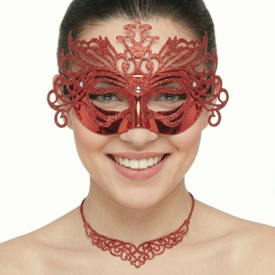 Škraboška červená maska benátská s korunkou
