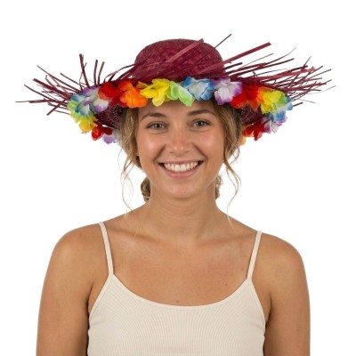 Plážový slaměný klobouk s květinami červený slamák