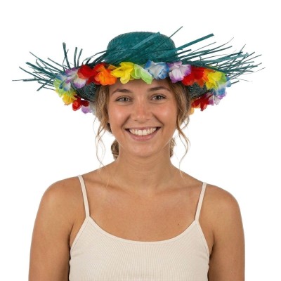 Plážový slaměný klobouk s květinami zelený slamák