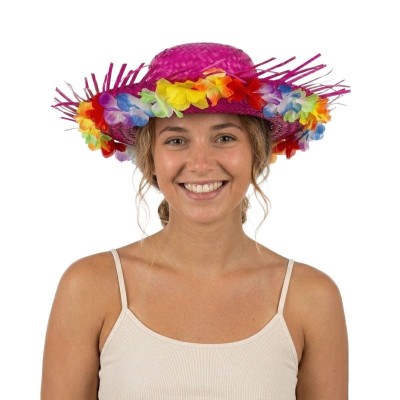 Plážový slaměný klobouk s květinami růžový slamák